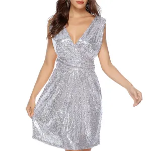 Women's Sexy Sequin V-Neck Dresses Sparkling Sleeveless Midi Dress for Party Prom Wedding Dinner Club