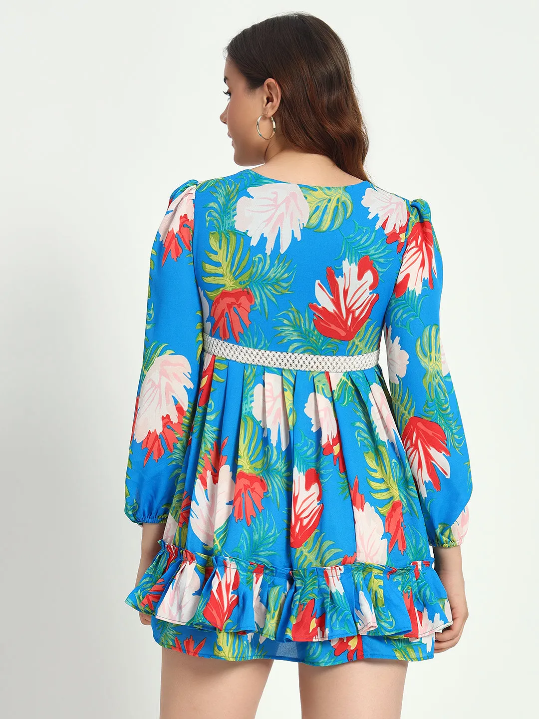 Women's V-neck Lace Design Floral Printed Dress