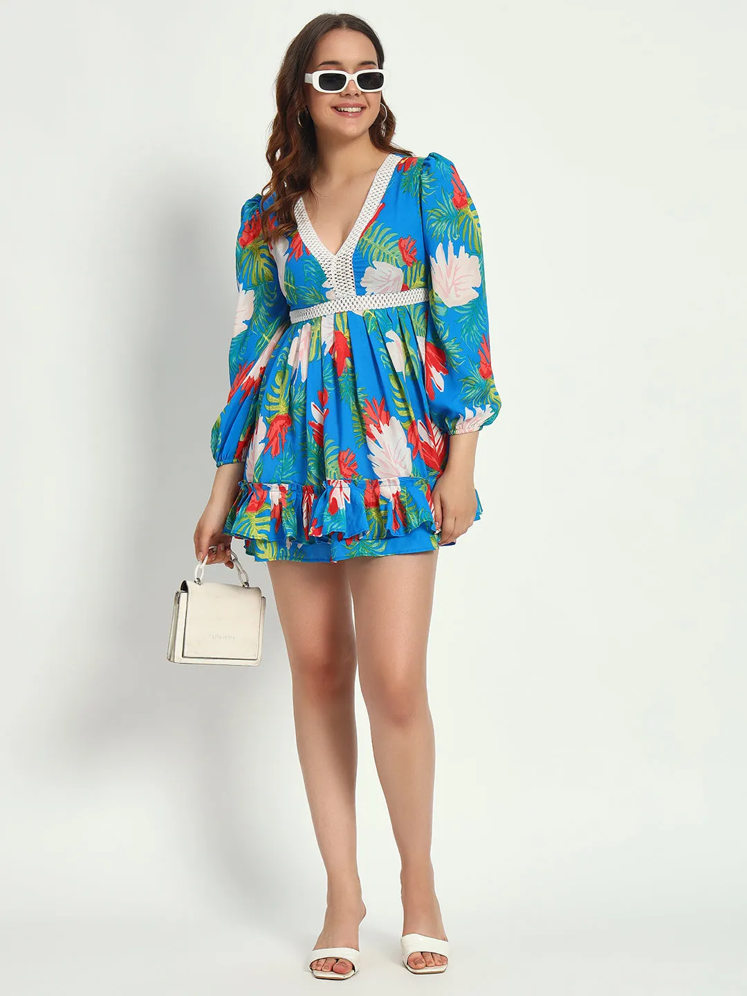 Women's V-neck Lace Design Floral Printed Dress
