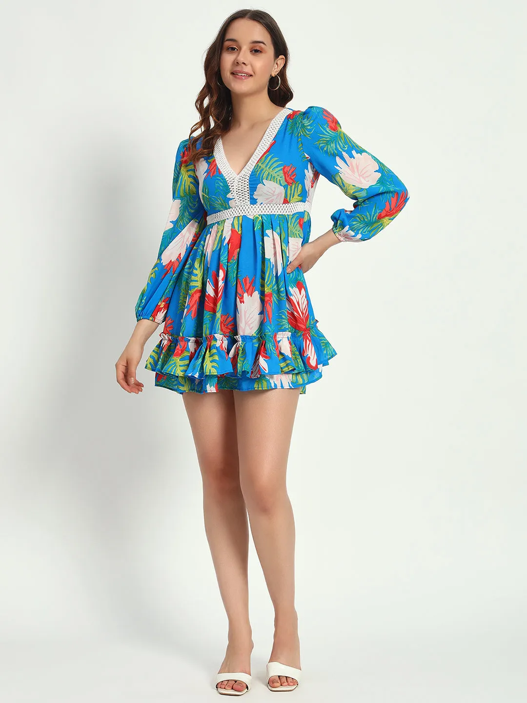 Women's V-neck Lace Design Floral Printed Dress