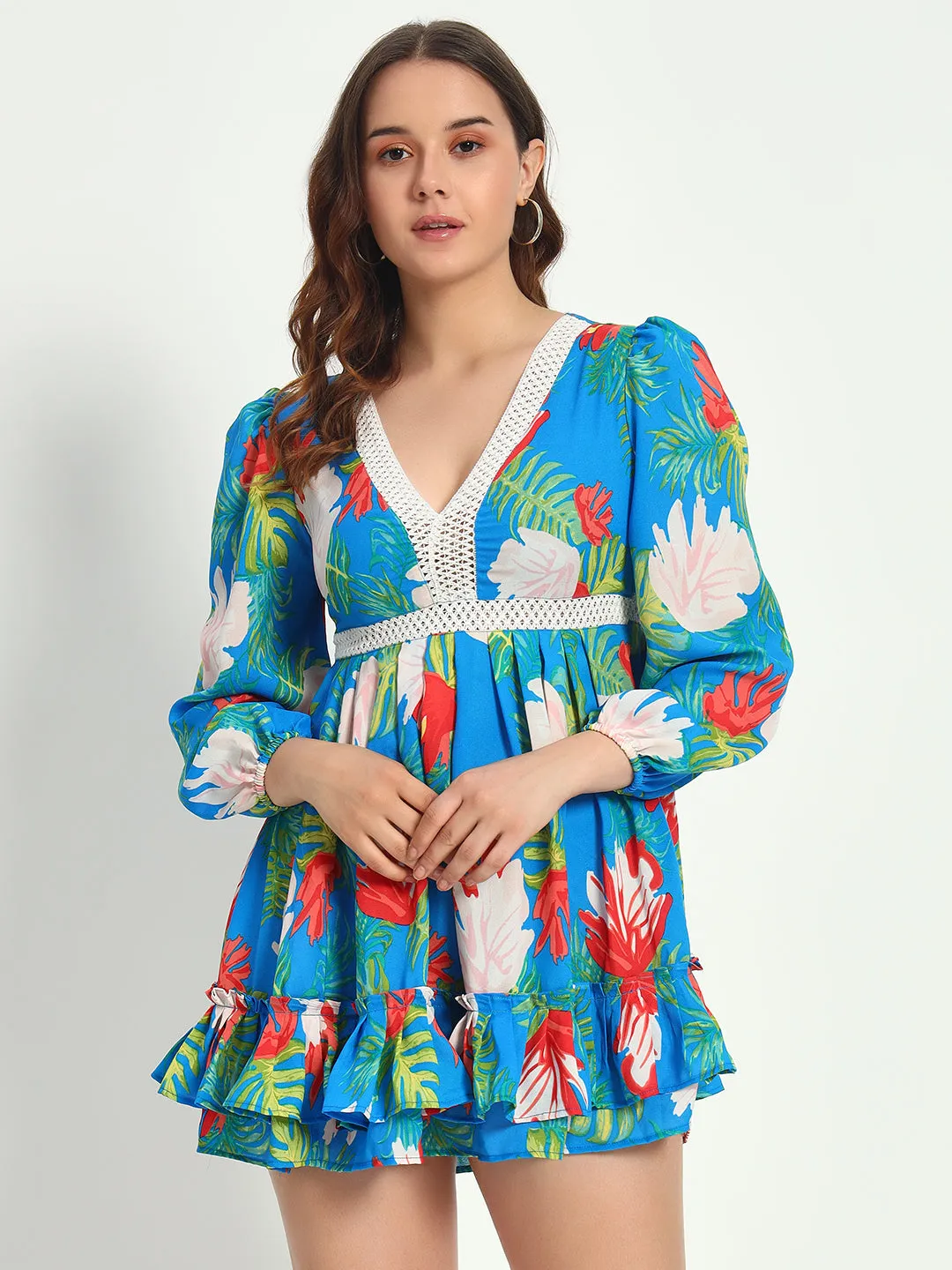Women's V-neck Lace Design Floral Printed Dress
